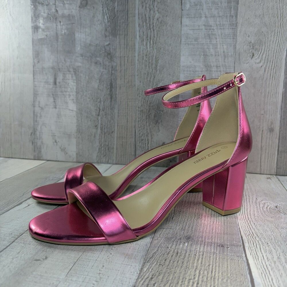 Pizz Annu Women's Size 9 Ankle Strap Sandal Open Toe Heels Shoes Pink Metallic